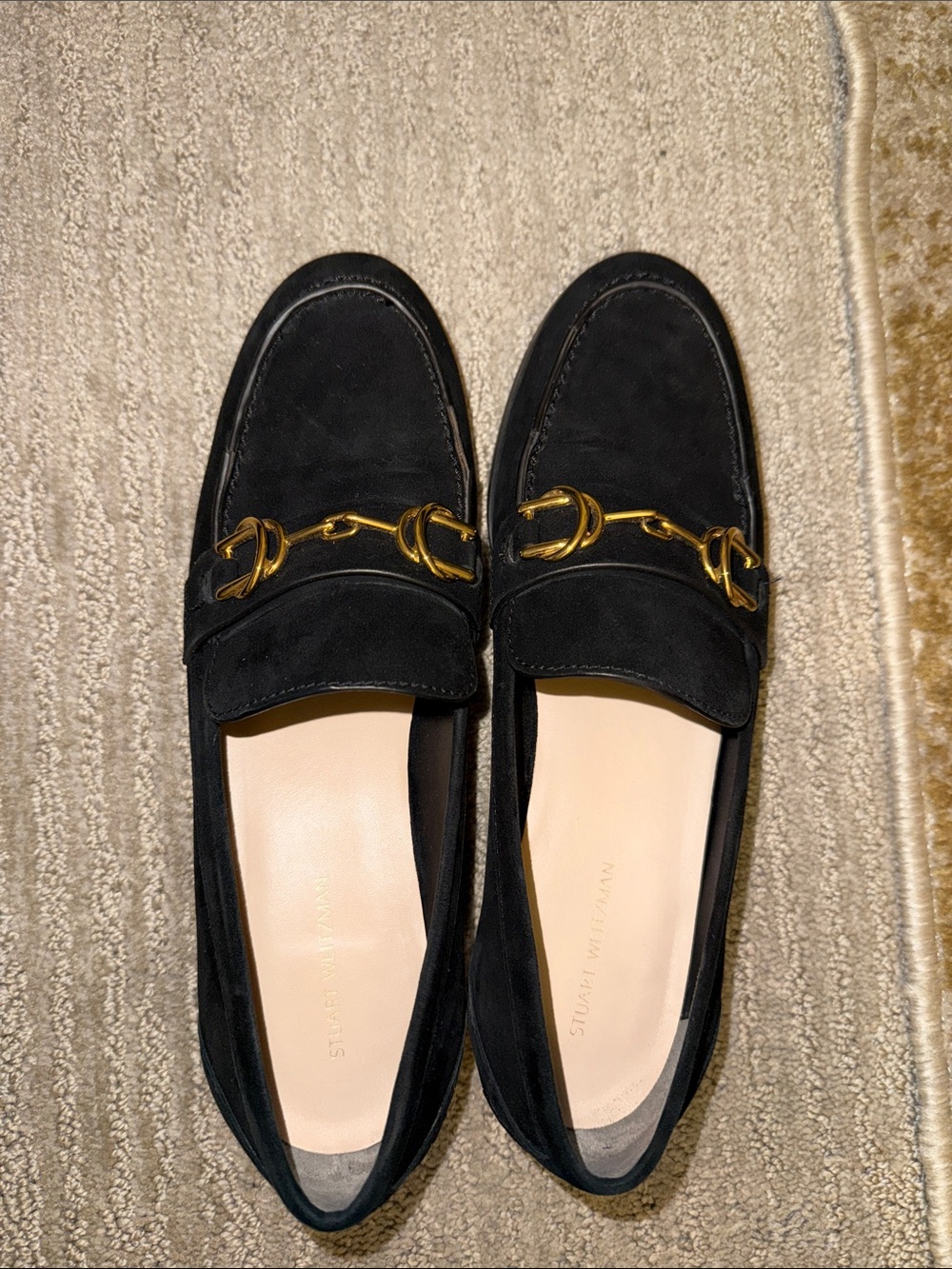 Stuart Weitzman Black Suede Loafers with Gold Horsebit